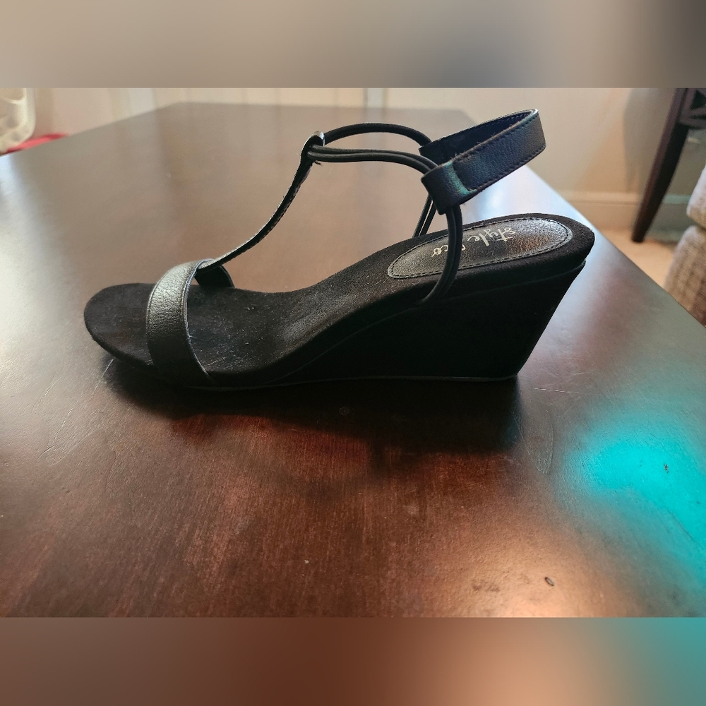Black wedge heels with adjustable ankle straps.